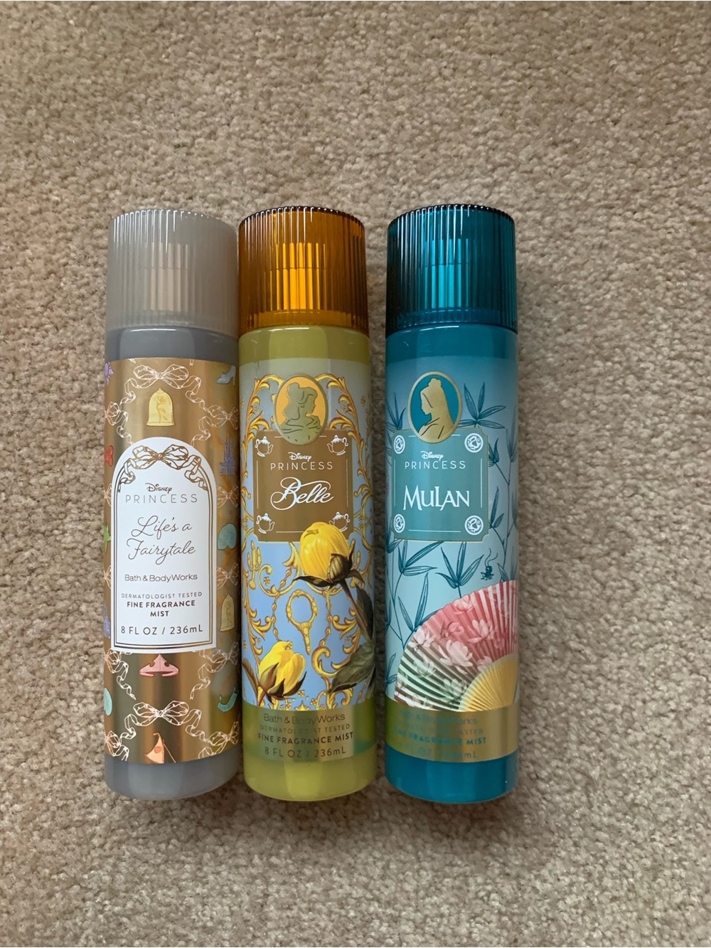 Bath & Body Works Disney Princess Mists — Gold, Yellow & Teal Bottles